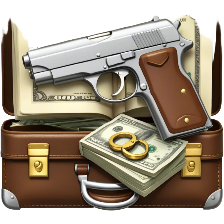Icon for Action & Crime Reading: an open book, action-packed scenes, featuring a gun, handcuffs, a detective's badge and a briefcase with money. The icon should capture the tension and excitement of crime and action stories. Transparent background. emoji
