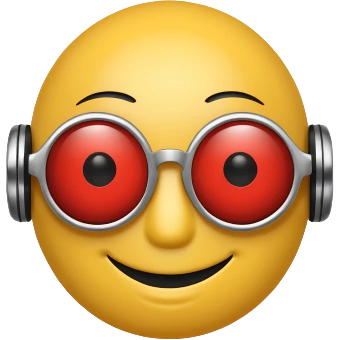 Yellow smiley face head with sunglasses, but the right eye is a red robot eye emoji