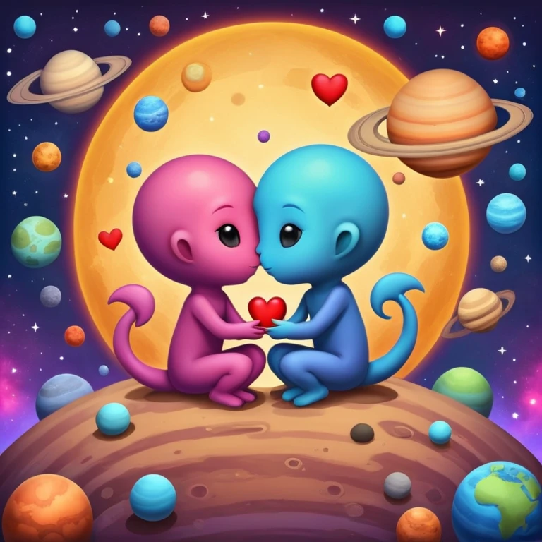 Cute cosmic scene with heart planets and small alien couples kissing and hugging on the planets, colorful solar system emoji