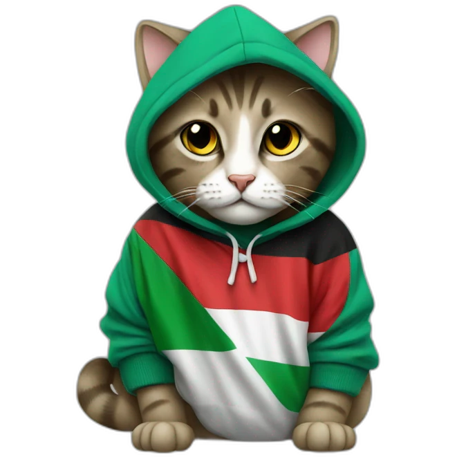 a cat wearing a hoodie with Palestinian flag emoji