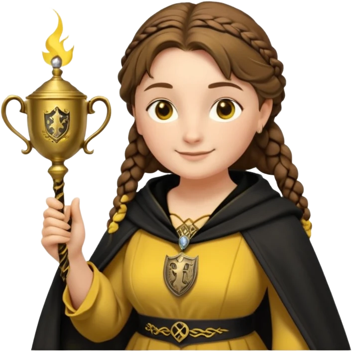 Helga Hufflepuff,the Hogwarts founder of Hufflepuff,brown-haired,2braids,yellow-black medieval dress with black cloak decorated with gold braiding,flickering magic wand and tiny two-handled shiny gold cup engraved with the badger silhouette,very kind smile,curvy busty sweet emoji