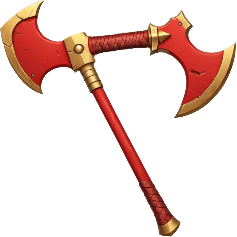 Ares battle axe object icon, ancient Greek war god axe, double-bladed heavy axe, red and gold metal, battle-worn scratches, glowing red accents, 3D cartoon, mobile game icon style, centered, clean background, soft shadow, no text, no watermark

 emoji