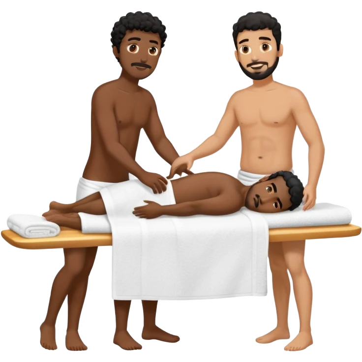 Gebräunter Manm nur mit handtuch um den unterkörper (araber mit schwarzen locken und ziegenbart) bekommt ganzkörpermassage von einem anderen mann emoji