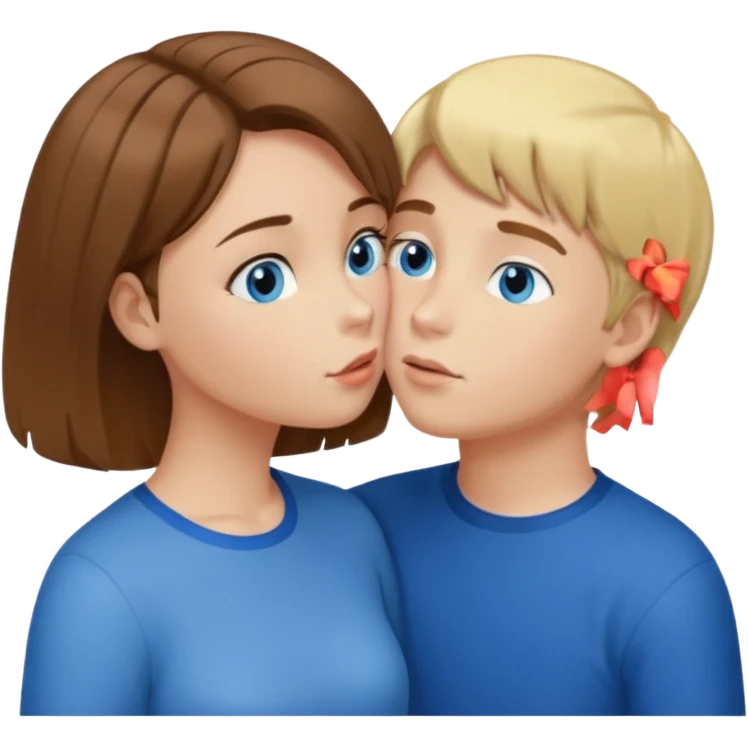 una ragazza con il caschetto marrone che bacia un ragazzo con i capelli biondi e gli occhi azzurri emoji