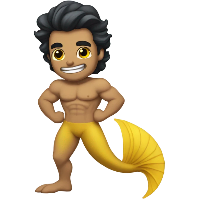 Tan muscular merman with yellow mermaid tail, dark hair and stubble  emoji