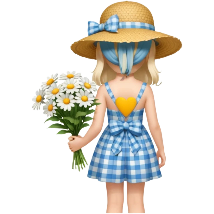 a girl in a blue plaid dress with an open back and a bow, wearing a wide straw hat, holding a large bouquet of daisies, seen from behind, soft colors, clean background, 3D iOS Apple emoji style emoji