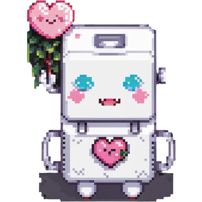 pixel art of an anthropomorphic battery with pink cheeks, winking, holding a tiny heart emoji