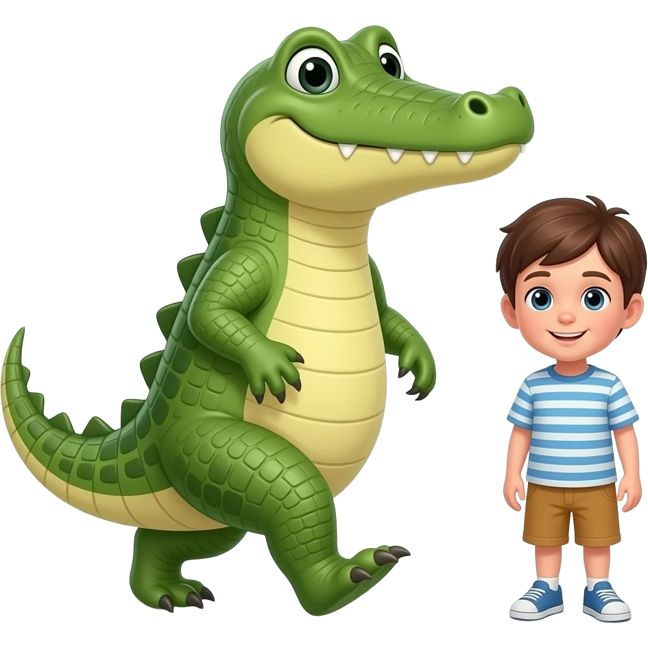 Bombardino crocodilo walking next to a little boy emoji