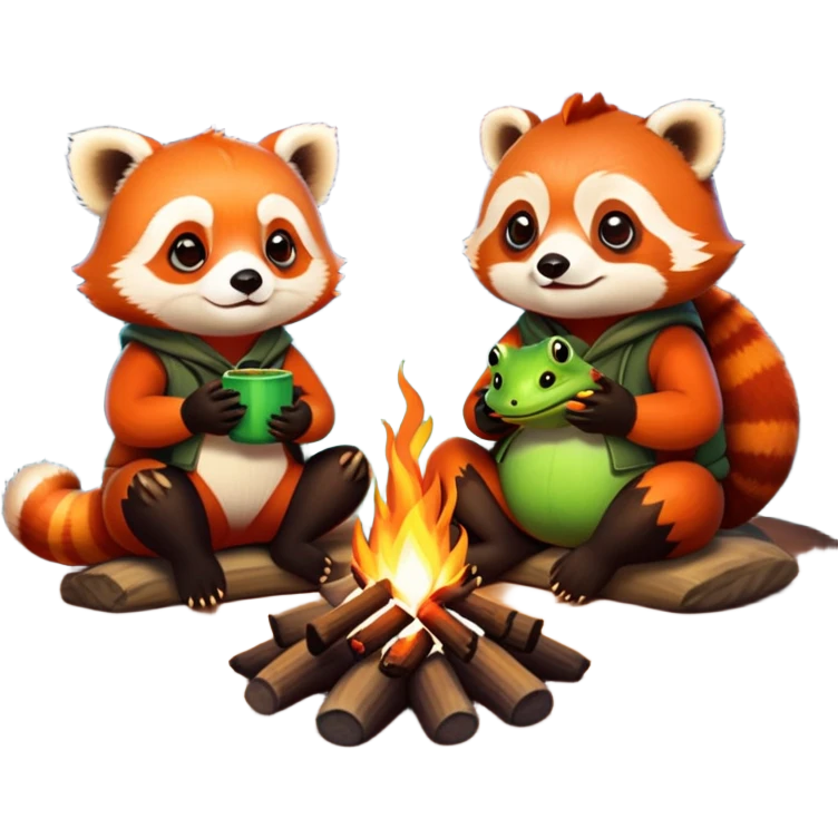 red panda and frog sitting together at a campfire emoji