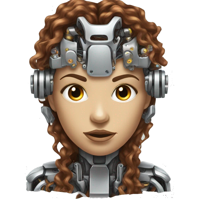 female cyborg head with metallic plated face, long brown curly hair and circuitry emoji