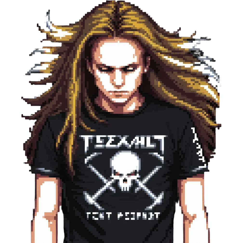 A person headbanging with long hair, wearing a metal band t-shirt emoji
