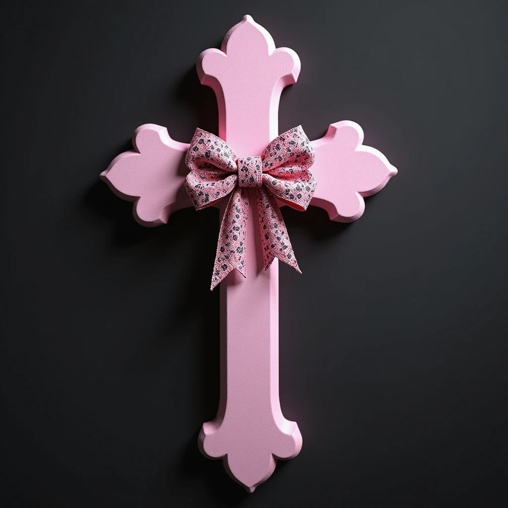 realistic gothic cross, pink with a lace bow, photorealistic style emoji