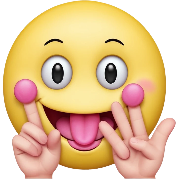 The image is a digital illustration of a yellow smiley face with big, round eyes and a big smile. The face is holding a pink tongue sticking out and making a 67 with its fingers. Above the face, The background is white. emoji