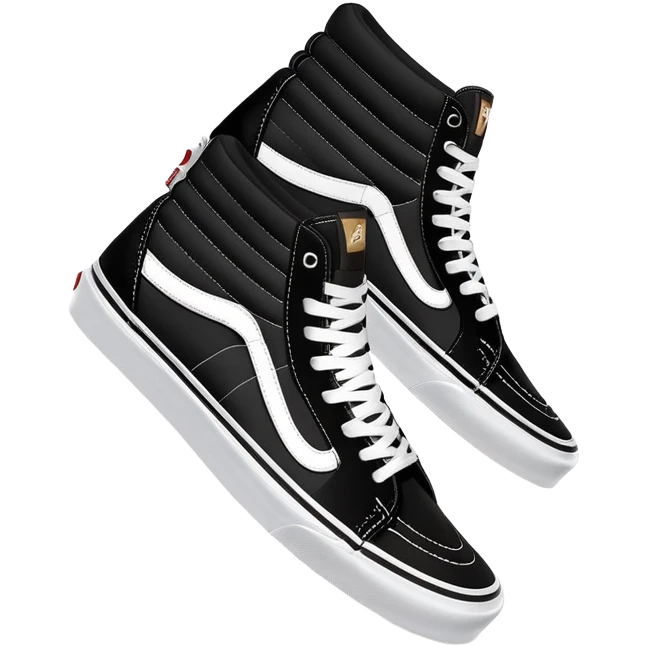 Clean minimalist iOS emoji style pair of black Vans Sk8-Hi high tops with one behind the other, simple forms, flat design, essential white stripe detail emoji