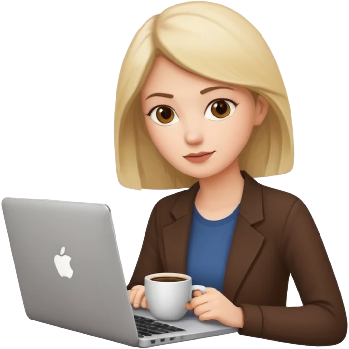 woman working on a laptop with coffee emoji