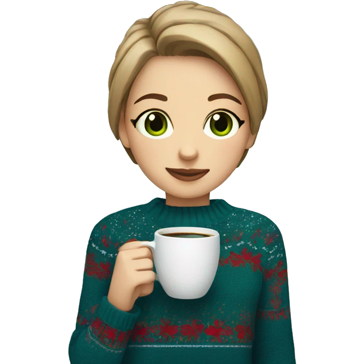 Light brown short haired girl with green eyes drinking coffee wearing blue Christmas sweater emoji