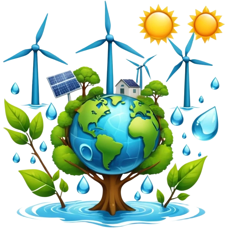 An icon featuring a green Earth, a tree, recycling symbols, and renewable energy sources like wind turbines, solar panels, and hydropower. The design includes animals, water droplets, and the sun, representing ecology, sustainable energy, and environmental protection. Transparent background. emoji