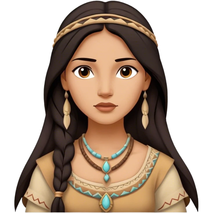 Cinematic Timeless Pocahontas Portrait Emoji, rendered in a realistic, vector style. Depict Pocahontas with warm, glowing skin, naturally flowing dark hair, and a serene, gentle expression, wearing traditional garments in muted earth tones. The design features bold, clean proportions, a soft, inviting glow, and a subtle glowing outline that captures her enduring natural beauty. emoji