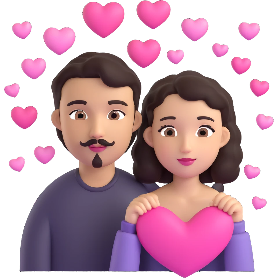 couple emoji: pale girl with long straight dark brown hair, no facial hair; tan boy with short black curly hair, small goatee and separate mustache; surrounded by pink hearts emoji