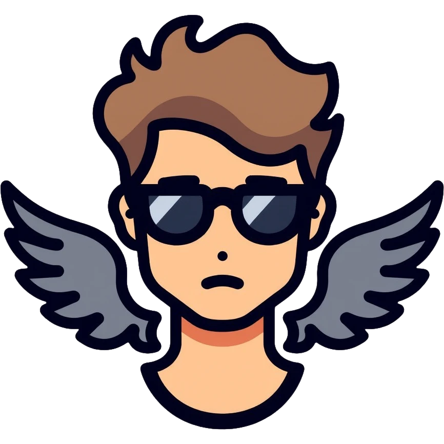 short-haired man with black sunglasses and wings emoji