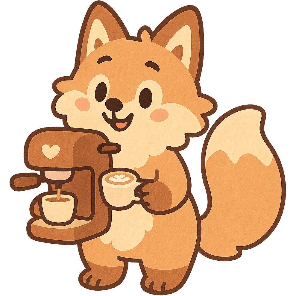 soft pastel style, soft fluffy fox as a coffee maker holding a tiny latte cup, brown and beige tones, full-body emoji