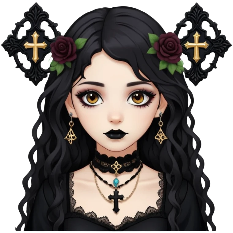Goth girl with dark wavy hair, brown almond eyes, gothic makeup, long face, black dress with floral lace and vintage style choker, lots of cross pendants, y2k emoji