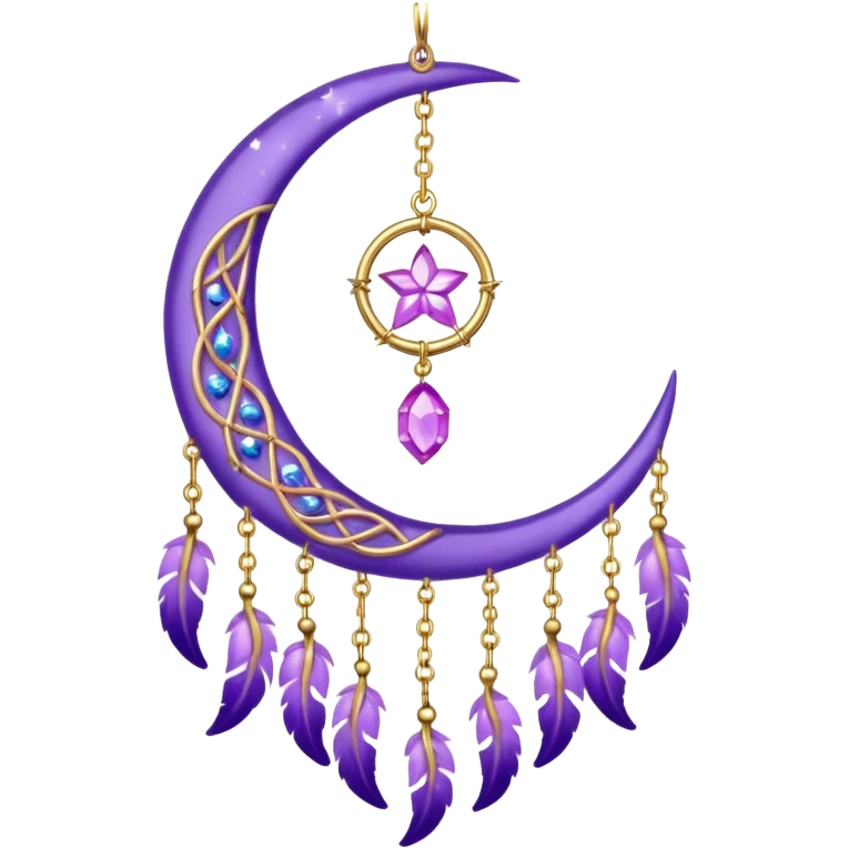 Aesthetic shiny sparkly violet crescent hanging from gold chain dreamcatcher-suncatcher hanging lilac crystals decoration  emoji