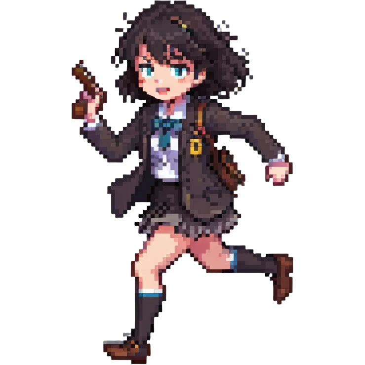Japanese anime schoolgirl detective running with a clue in hand, dynamic action pose, pixel art style emoji