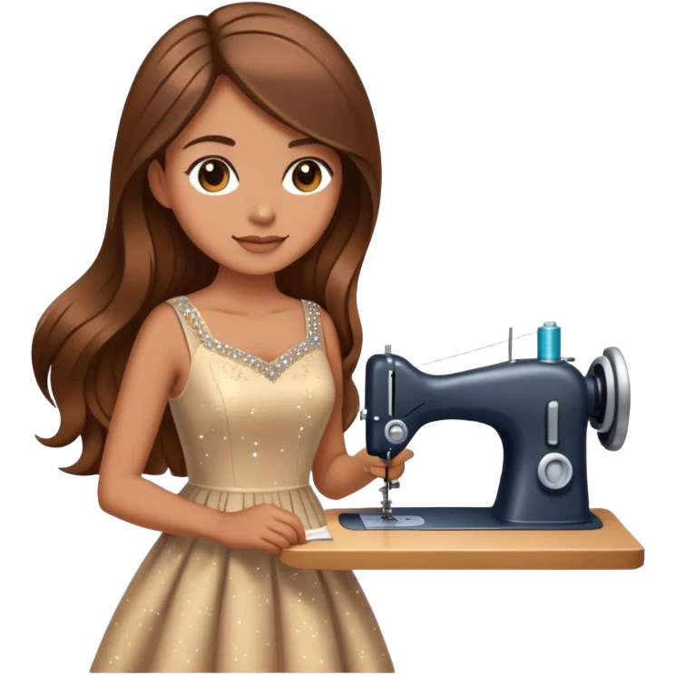 Woman with long brown hair sewing a cute dress with sparkles around her elegant  emoji