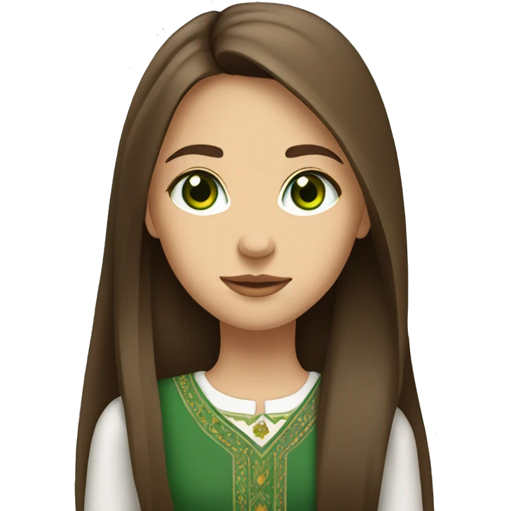 a girl with brown straight long hair,with green eyes,Moldovan,stands emoji