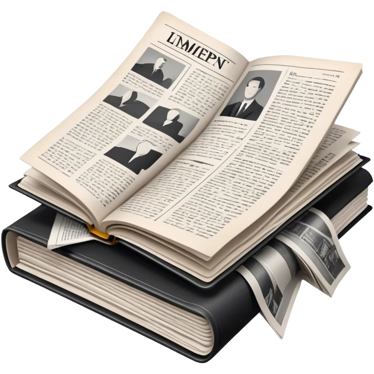Icon for Non-Fiction & Narrative Reading: an open book with black-and-white photos on the pages, surrounded by a pile of newspaper clippings, and an open folder with top-secret documents. The icon should reflect the blend of real stories and facts in non-fiction literature. Transparent background. emoji