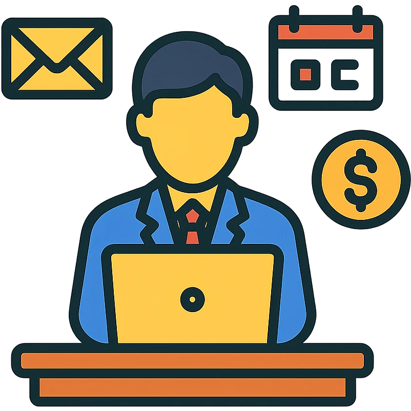 a single person working on a laptop at a desk, surrounded by icons representing different business tasks like email, calendar, money, clean professional style emoji