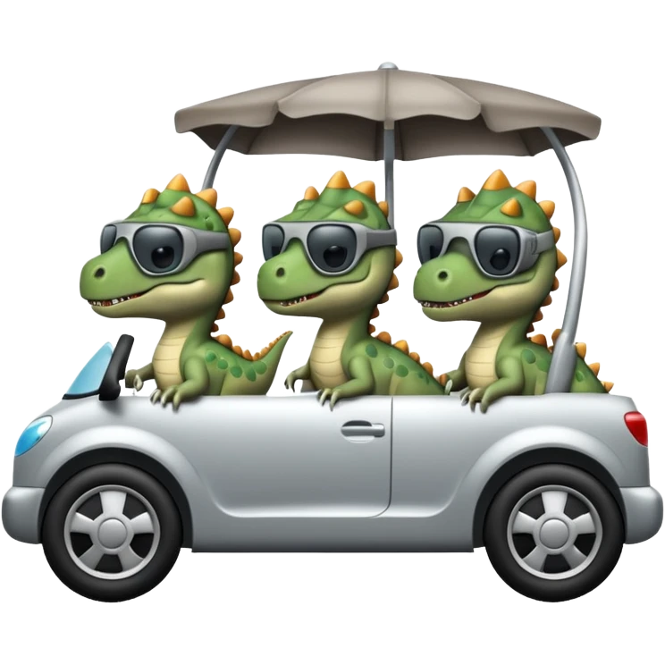 Tres dinosaurios bebés grises cada uno subido en un carro tecnológico blanco con lentes de realidad virtual emoji