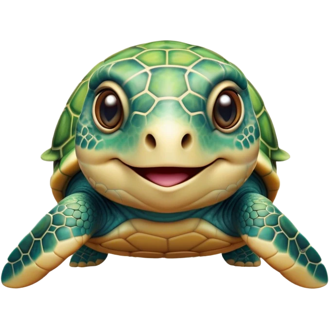 Cinematic Realistic Cute Sea Turtle Portrait Emoji, Head tilted playfully and inquisitively, featuring a compact, gentle form with a beautifully detailed shell adorned with natural patterns and a soft, expressive face with sparkling eyes, rendered with realistic textures and warm ambient light; high shine, affectionate and spirited, styled with a touch of marine whimsy, soft glowing outline, capturing the essence of a mischievous yet lovable sea turtle that seems ready to swim playfully into your arms! emoji