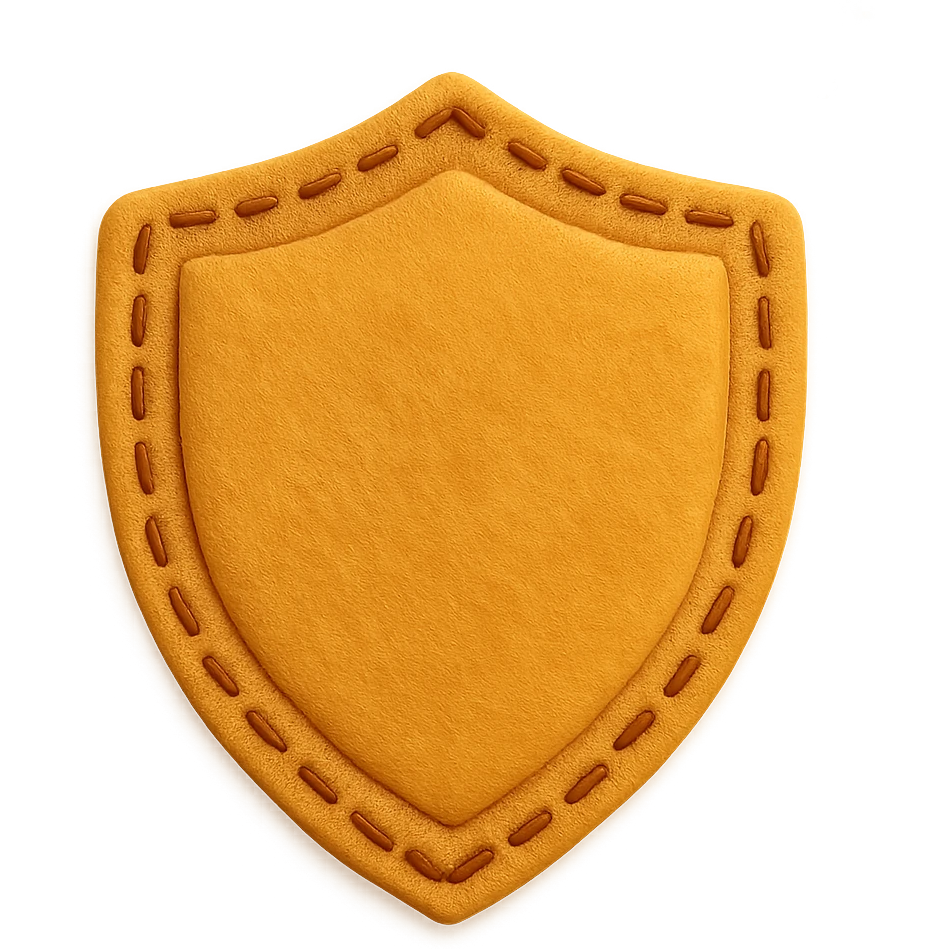 <StylePrompt>
  <Name>Minimal Felt Appliqué Icon</Name>
  <Description>
    A soft, handcrafted felt icon style with lightly padded forms, simple shapes, and clean outlines. Features slightly more visible stitching for tactile charm while maintaining a low-detail aesthetic.
  </Description>
  <VisualProperties>
    <Material>Felt</Material>
    <Texture>Soft, matte surface with subtle fiber detail</Texture>
    <Stitching>
      <Type>Threaded edge stitch</Type>
      <Color>Muted orange or warm brown</Color>
      <Pattern>Evenly spaced running stitch around edges</Pattern>
      <Thickness>Medium (approximately 10% more pronounced than minimal)</Thickness>
      <Contrast>Moderate (stitch color clearly distinct from base felt)</Contrast>
    </Stitching>
    <Padding>Low to moderate—slightly raised but not deeply dimensional</Padding>
    <Edges>Smooth and rounded with clean curves</Edges>
    <ColorPalette>
      <Primary>Warm yellows, oranges, and browns</Primary>
      <Accent>Dark brown for facial features</Accent>
      <Background>Neutral off-white or soft beige</Background>
    </ColorPalette>
  </VisualProperties>
  <FacialFeatures>
    <Eyes>Small round dots</Eyes>
    <Nose>Simple oval or triangle</Nose>
    <Mouth>Minimal curved line or none</Mouth>
    <DetailLevel>Low</DetailLevel>
  </FacialFeatures>
  <Rendering>
    <Lighting>Soft and diffused</Lighting>
    <Shadows>Subtle, barely visible</Shadows>
    <Perspective>Front or side profile, flat angle</Perspective>
  </Rendering>
  <Applicability>
    <SubjectType>Animals, symbols, objects</SubjectType>
    <OutputFormat>Icon, patch, or sticker</OutputFormat>
  </Applicability>
</StylePrompt>

{subject} = shield emoji