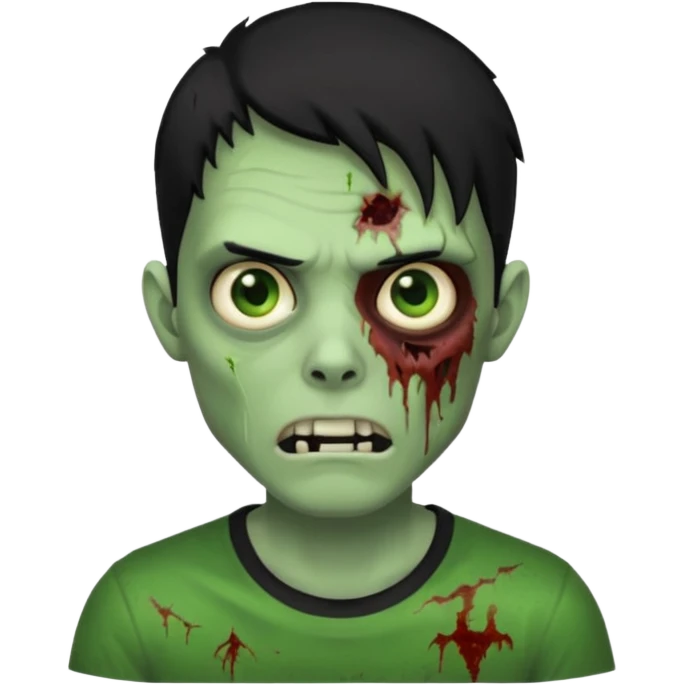 Zombie Emoji AppleIOS Style, lowfade Black Hair, and Black T-shirt, Green Skin, normal expression emoji