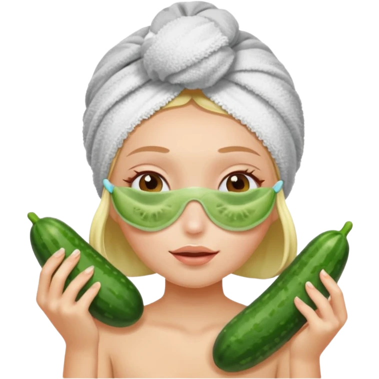 Girl with towel on hair and cucumbers over eyes emoji