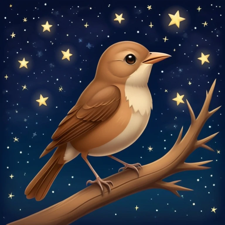nightingale bird singing, small brown songbird against starry sky emoji