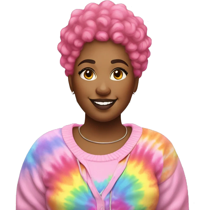 Plus size black woman with pink curly pixie cut hair and a rainbow tie dye sweater  emoji