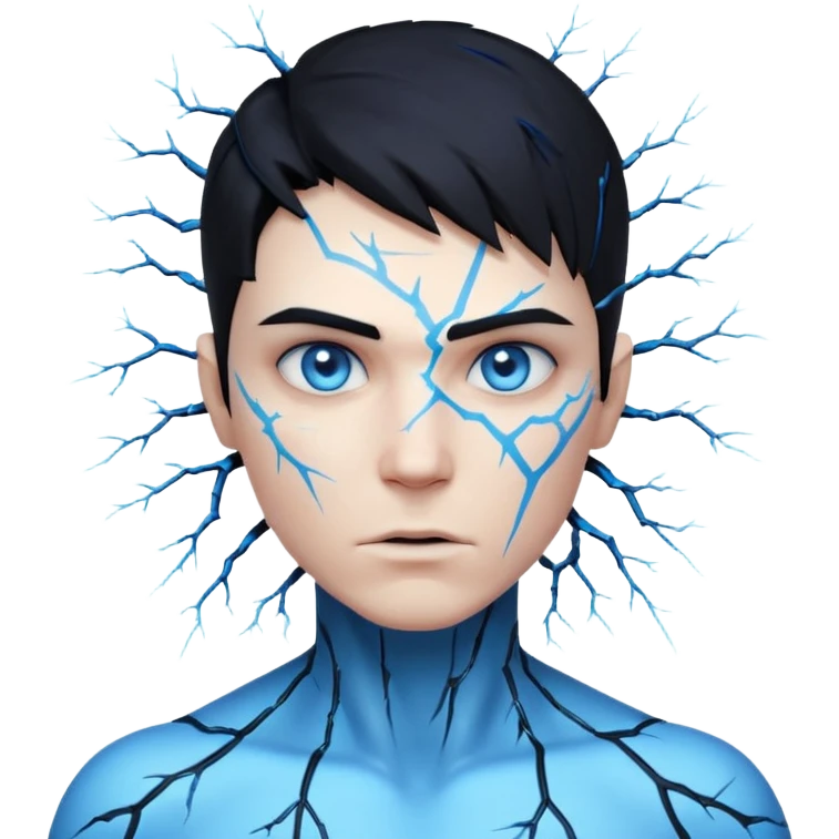 electric lab mutant portrait, head and shoulders only, glowing blue energy cracks on skin, wild hair, intense eyes, sci-fi lab accident vibe, 3D cartoon, mobile game icon style, clean background, no text, no watermark

 emoji