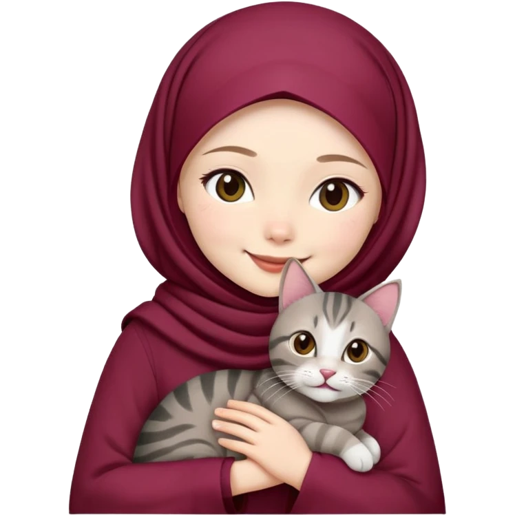 Asian white girl wearing  maroon hijab with dress holding a black grey tabby cat while smiling emoji