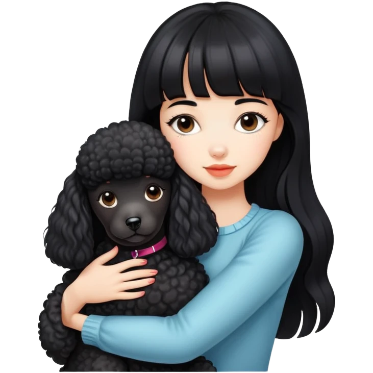 A beautiful girl with long black hair and bangs hugs a poodle tightly emoji