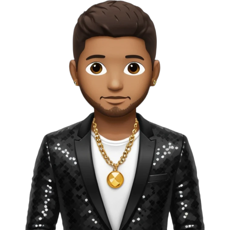 Usher with dark brown hair, black sequin suit jacket, shirtless with necklace emoji