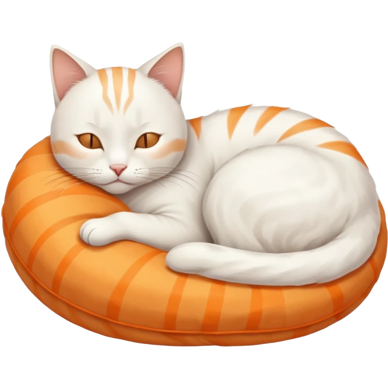 A white cat, curled up and asleep. Its fur has very faint orange stripes on the back and tail. emoji