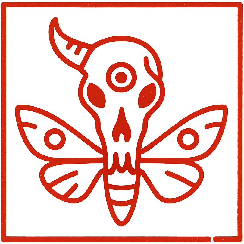 minimalist horror red line art of minotaur-stoat skull with broken horn and single eye, with moth wings, very hollow transparent middle, simple outline frame around the entire design, sparse details but clearly horrifying, weathered and incomplete frame edges, 100% red emoji