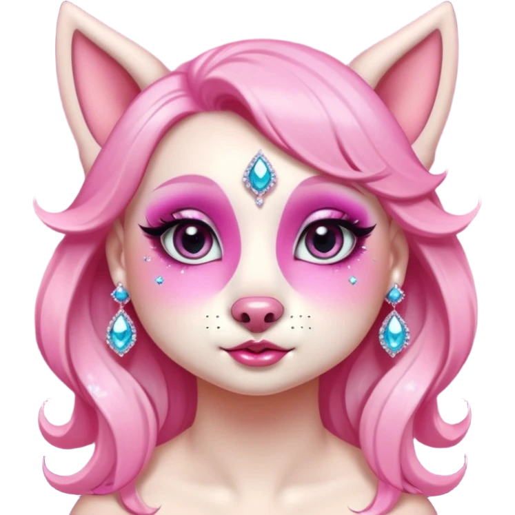 glamorous dog portrait, head and shoulders only, exaggerated pink makeup, bright eyeshadow, long eyelashes, shiny blush cheeks, sparkling face gems, glitter accents, elegant earrings, fantasy beauty style, cute 3D cartoon, mobile game icon style, clean background, no text, no watermark
 emoji