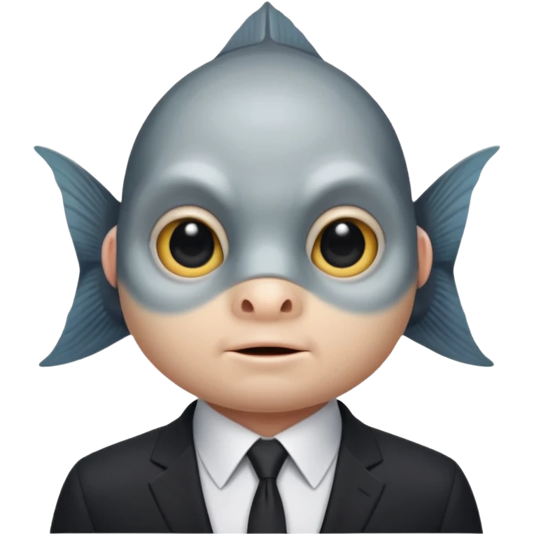 A fish man dressed in a black suit. Its face is grey fish. Just a fish. And The fish is facing upward. The fish’s neck connects smoothly with the collar of the suit. emoji