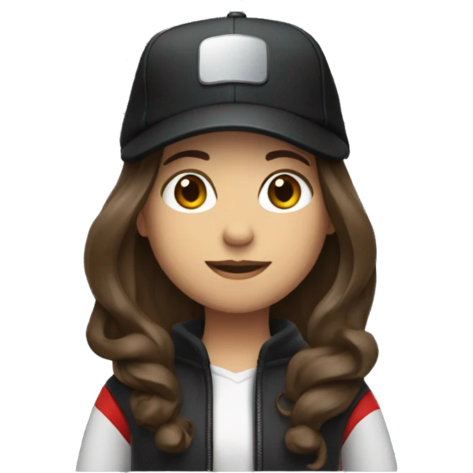 Brunette with long hair in a black cap and a red jacket with a camera emoji