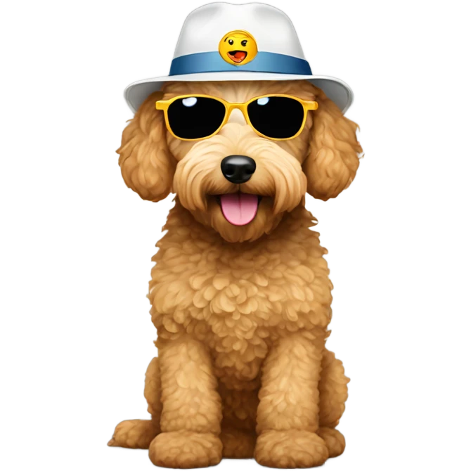 A golden doodle wearing a 2025 hat and glasses emoji