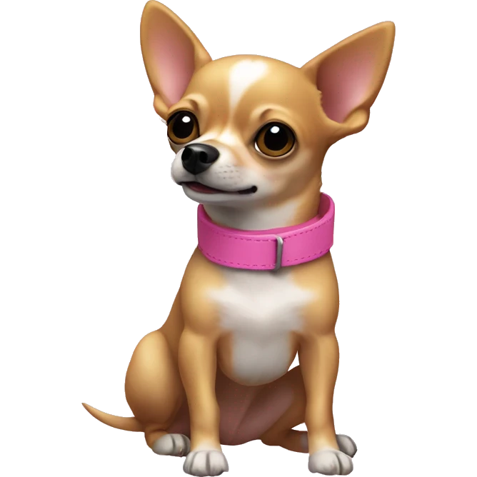 A gold/brown colored chihuahua with a black nose panting, wagging its tail and wearing a pink collar emoji